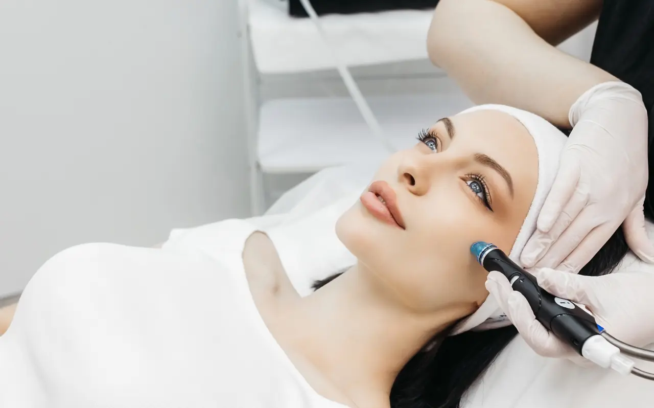 A person receiving a HydraFacial treatment, lying on a spa bed with a white headband while a gloved professional uses a specialized device on their cheek to cleanse and hydrate the skin.