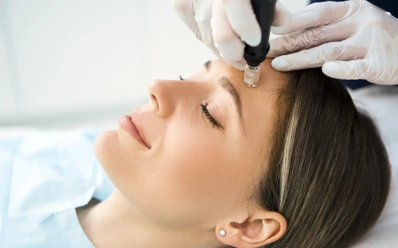 A person receiving a microneedling treatment, with their eyes closed and a handheld device gently applied to their forehead by gloved hands for skin rejuvenation.