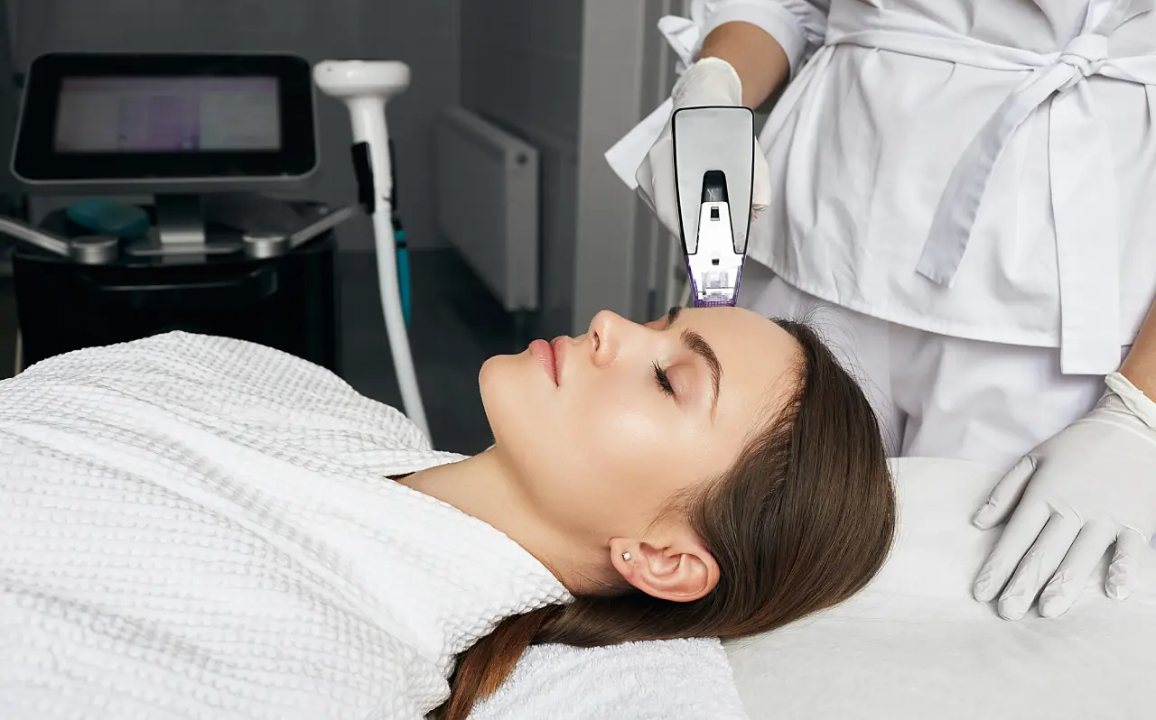 A person undergoing a Morpheus8 treatment, lying on a spa bed in a white robe with their eyes closed, while a professional in gloves and uniform applies the advanced device to their forehead in a clinical setting.