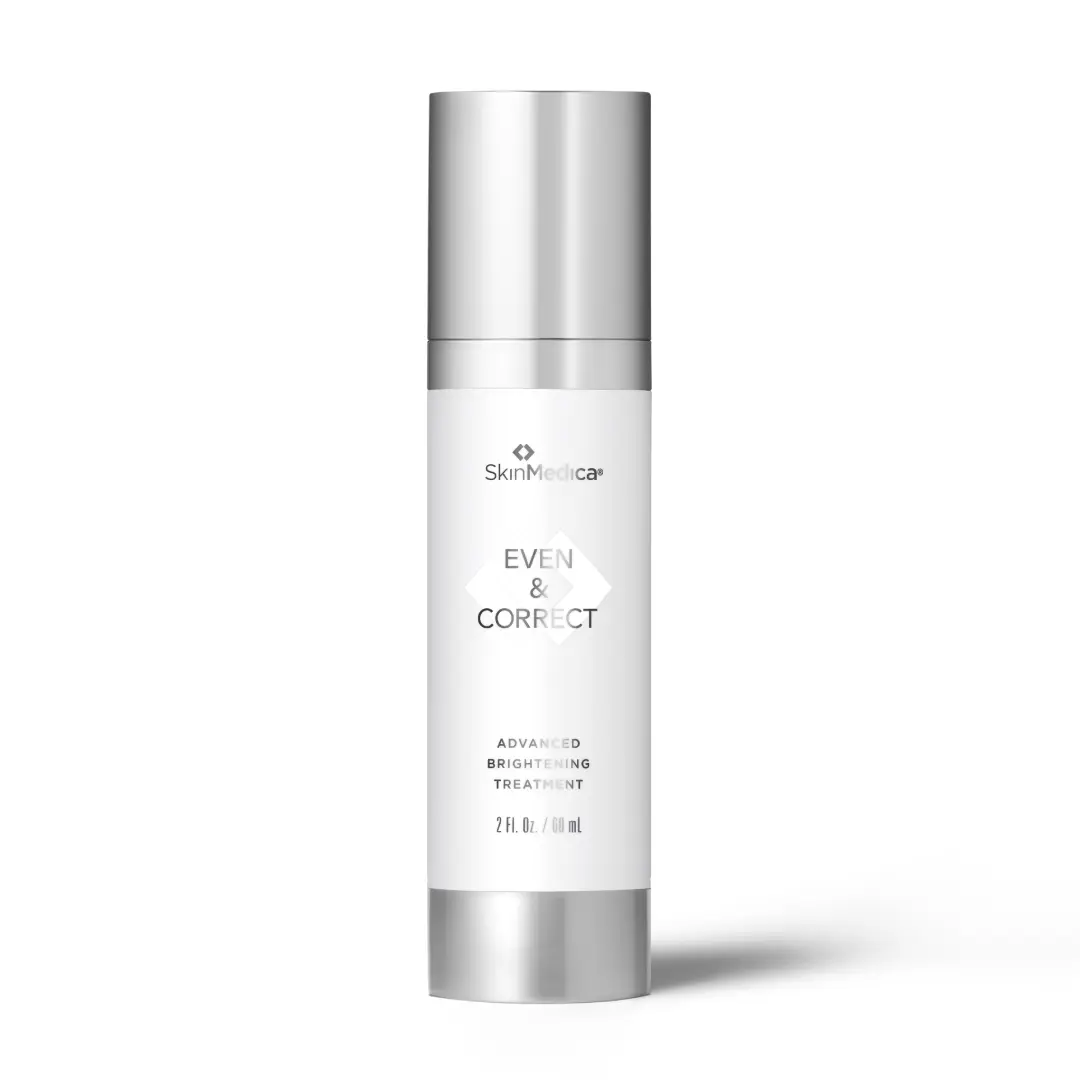 A bottle of SkinMedica Even & Correct Advanced Brightening Treatment with a sleek silver and white design.